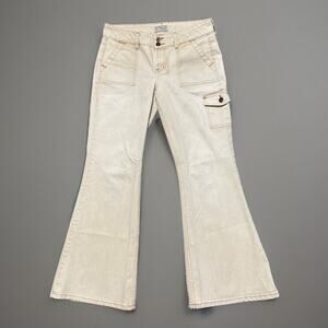 LEI Flared Bell Bottom Cargo Jeans Women's Size 13 Creme Beige Denim‎ *Stain*